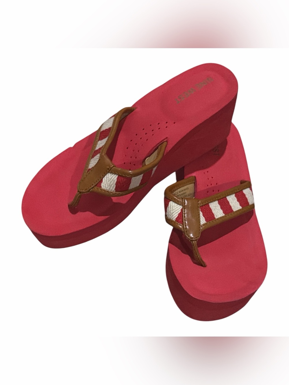 Nine West Women’s Red Platform Wedge Flip Flops with Brown Straps size 7